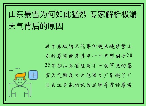 山东暴雪为何如此猛烈 专家解析极端天气背后的原因