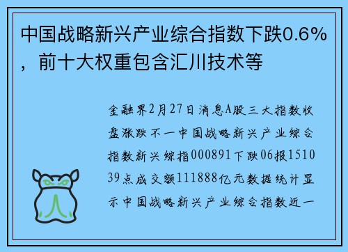 中国战略新兴产业综合指数下跌0.6%，前十大权重包含汇川技术等