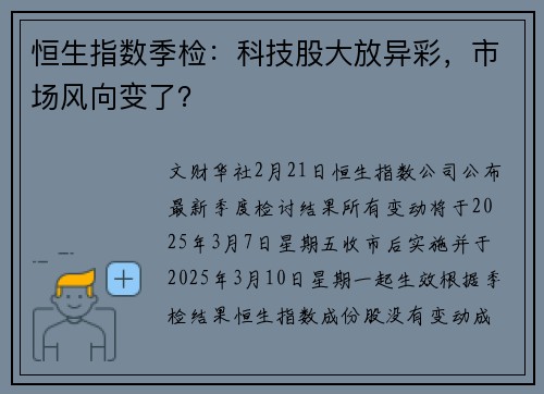 恒生指数季检：科技股大放异彩，市场风向变了？