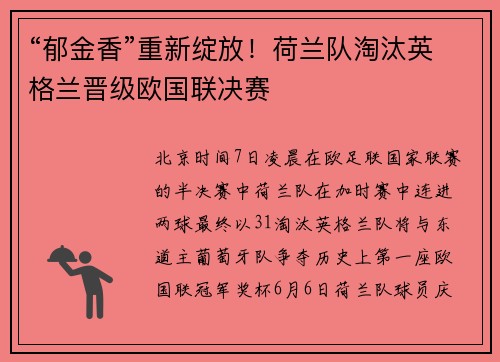 “郁金香”重新绽放！荷兰队淘汰英格兰晋级欧国联决赛