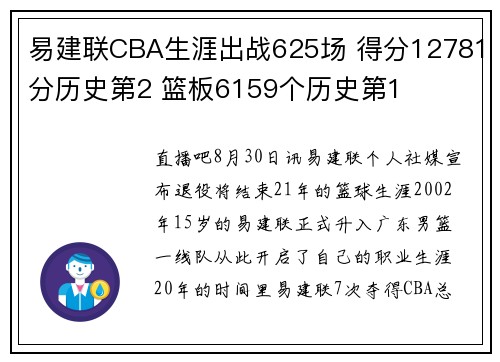 易建联CBA生涯出战625场 得分12781分历史第2 篮板6159个历史第1